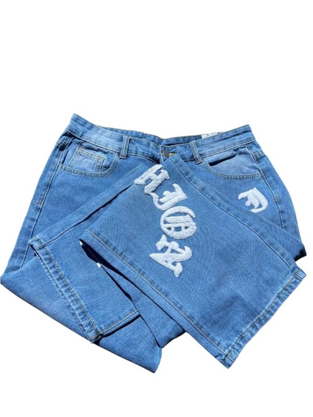 Men's Straight-Leg Blue Denim Jeans with White Graphic Script - Picture 8 of 15
